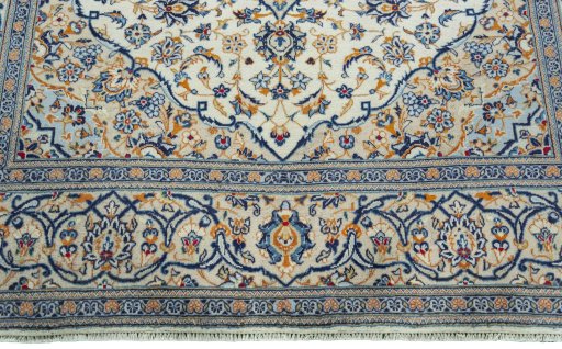 Full view of 2000s Kashan rug from Iran / Persia, 294 × 196 cm in Beige tones