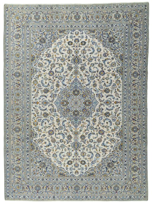 Full view of 2000s Kashan rug from Iran / Persia, 400 × 292 cm in Beige tones