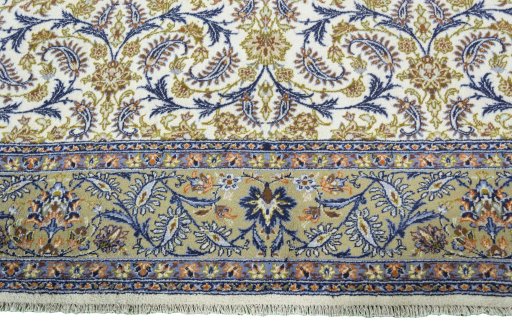Full view of 1970s Kashan rug from Iran / Persia, 403 × 288 cm in Beige tones