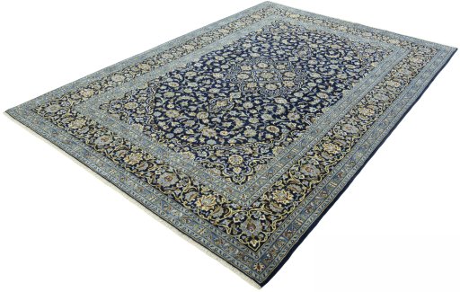 Corner detail of 2000s Kashan rug showing border pattern and Wool pile