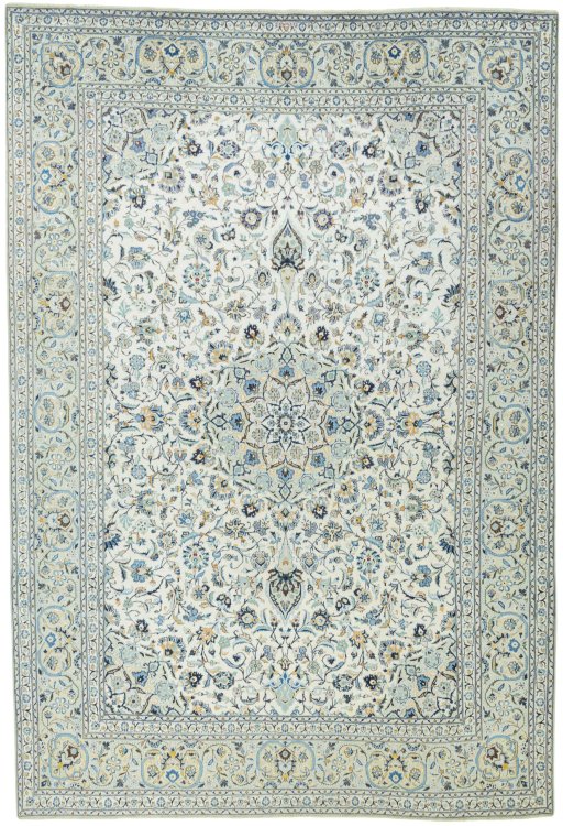 Full view of 2000s Kashan rug from Iran / Persia, 450 × 308 cm in Beige tones