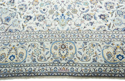Full view of 2000s Kashan rug from Iran / Persia, 450 × 308 cm in Beige tones