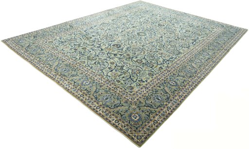 Corner detail of 2000s Kashan rug showing border pattern and Wool pile