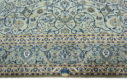 Full view of 2000s Kashan rug from Iran / Persia, 422 × 323 cm in Green tones