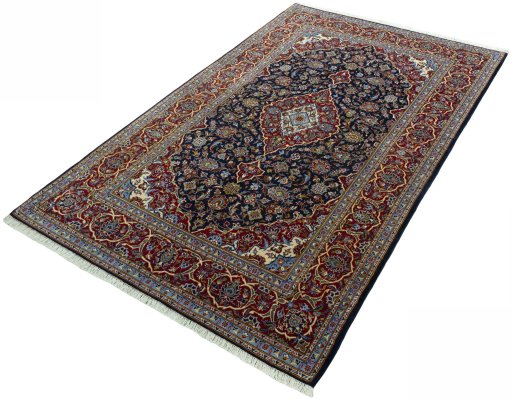 Corner detail of New Kashan rug showing border pattern and Cork pile