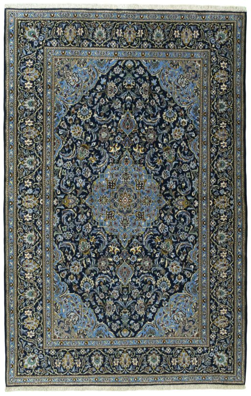 Full view of New Kashan rug from Iran / Persia, 224 × 145 cm in Blue tones