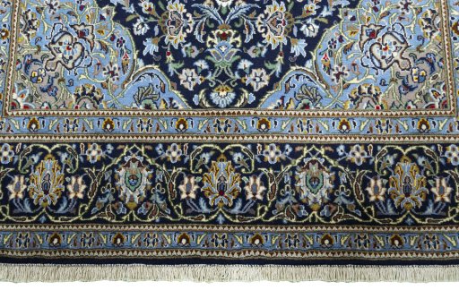Full view of New Kashan rug from Iran / Persia, 224 × 145 cm in Blue tones