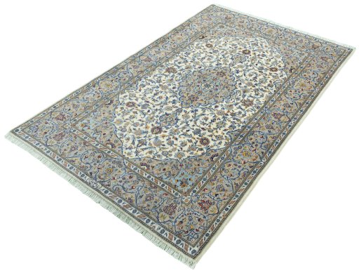 Corner detail of New Kashan rug showing border pattern and Cork pile