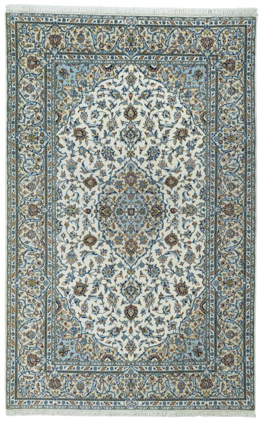 Full view of New Kashan rug from Iran / Persia, 222 × 143 cm in Beige tones
