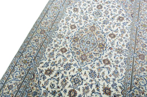 Backside of handmade New Kashan rug showing knot structure and weave density