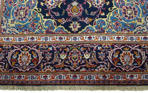 Full view of New Kashan rug from Iran / Persia, 221 × 142 cm in Blue tones