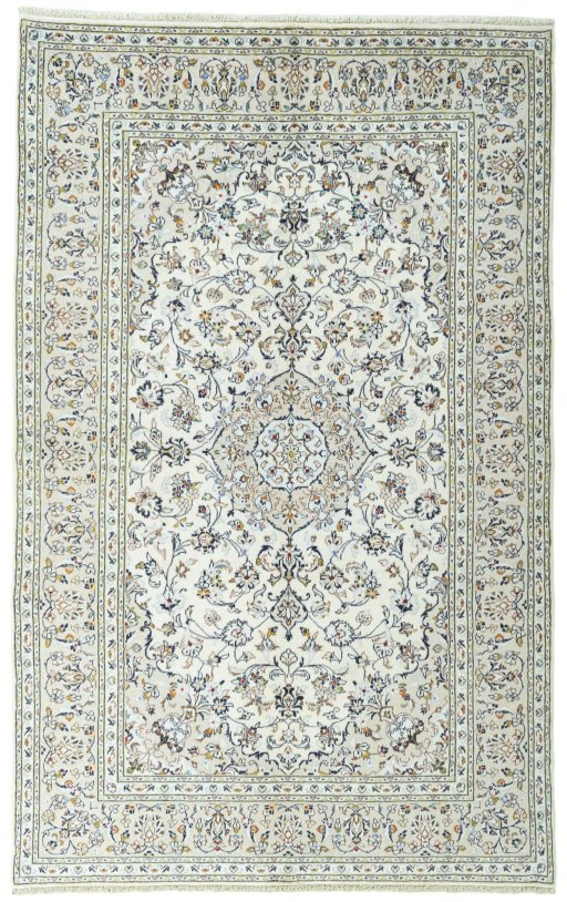 Full view of 2000s Kashan rug from Iran / Persia, 305 × 191 cm in Beige tones
