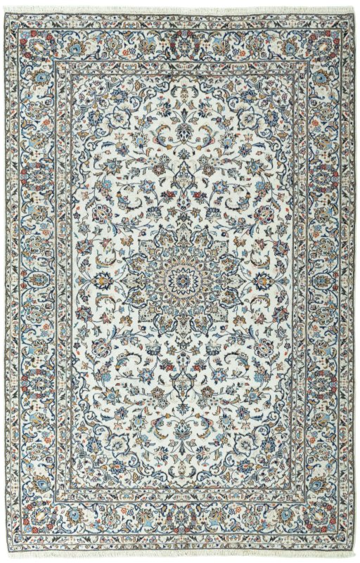 Full view of 2000s Kashan rug from Iran / Persia, 298 × 195 cm in Beige tones