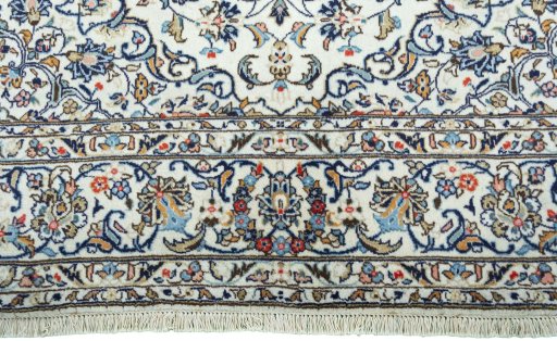 Full view of 2000s Kashan rug from Iran / Persia, 298 × 195 cm in Beige tones