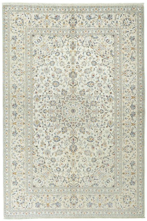 Full view of 2000s Kashan rug from Iran / Persia, 300 × 202 cm in Beige tones
