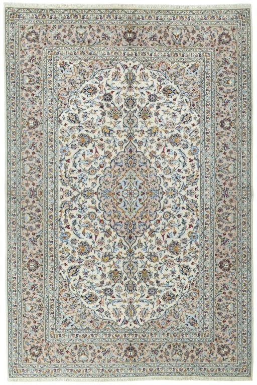 Full view of New Kashan rug from Iran / Persia, 300 × 201 cm in Beige tones