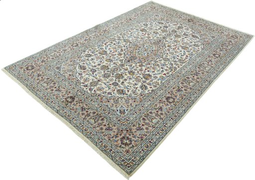 Corner detail of New Kashan rug showing border pattern and Wool pile