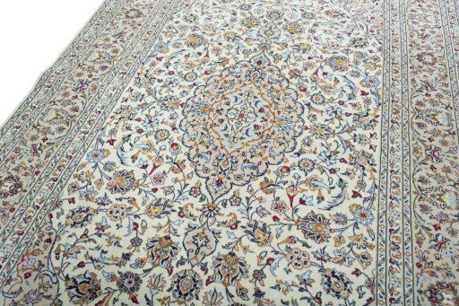 Backside of handmade New Kashan rug showing knot structure and weave density