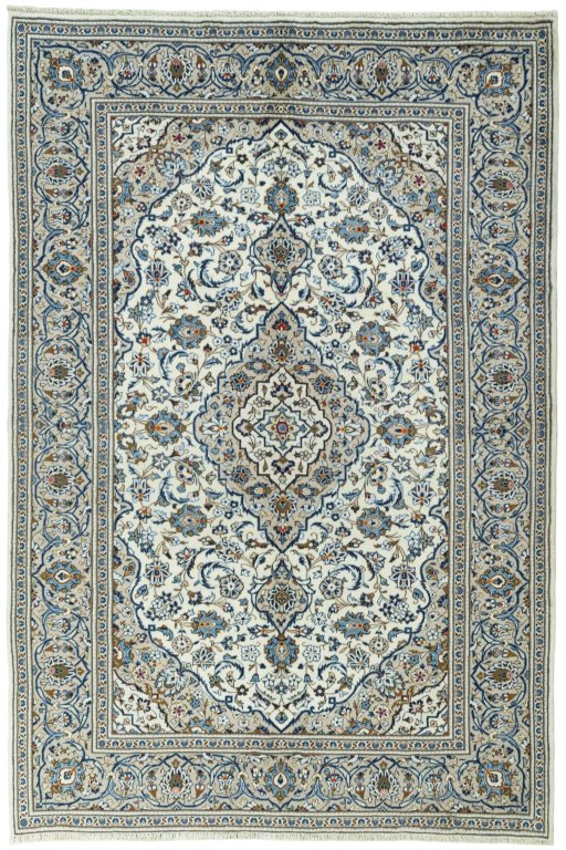 Full view of 2000s Kashan rug from Iran / Persia, 295 × 198 cm in Beige tones