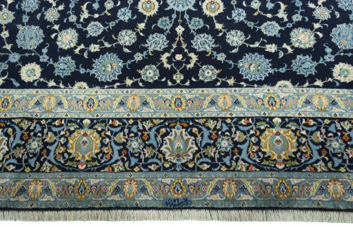 Full view of 1970s Kashan rug from Iran / Persia, 363 × 262 cm in Blue tones