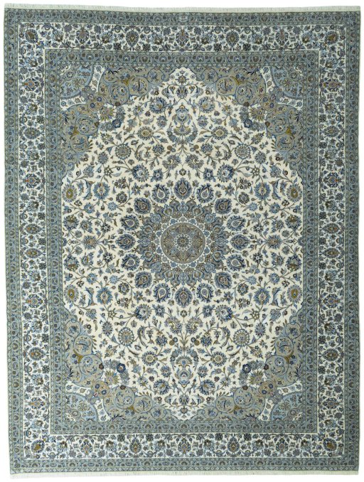 Full view of New Kashan rug from Iran / Persia, 405 × 313 cm in Beige tones