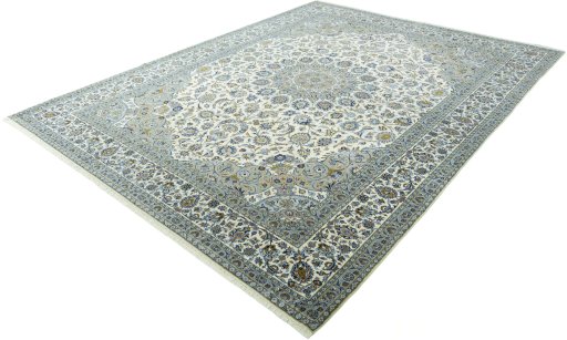 Corner detail of New Kashan rug showing border pattern and Cork pile
