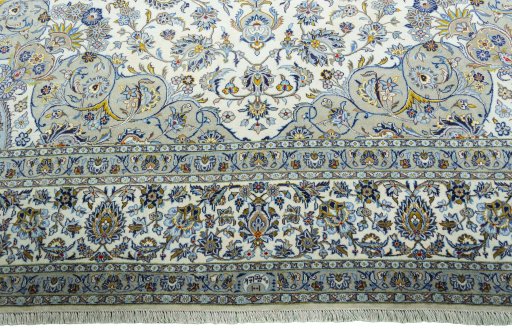 Full view of New Kashan rug from Iran / Persia, 405 × 313 cm in Beige tones