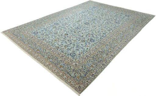 Corner detail of 2000s Kashan rug showing border pattern and Wool pile
