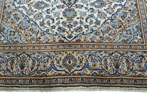 Full view of 2000s Kashan rug from Iran / Persia, 280 × 200 cm in Beige tones