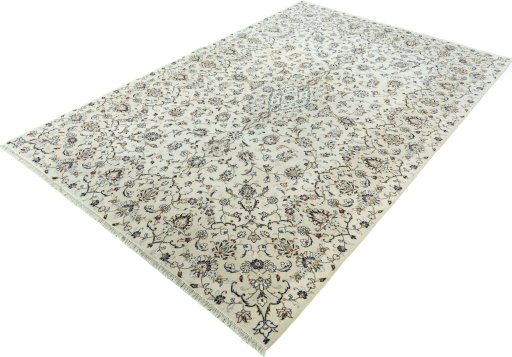Corner detail of New Kashan rug showing border pattern and Wool pile