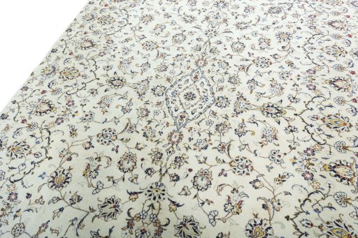 Backside of handmade New Kashan rug showing knot structure and weave density