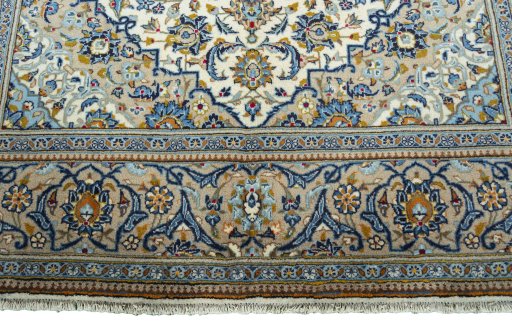 Full view of 2000s Kashan rug from Iran / Persia, 315 × 197 cm in Beige tones