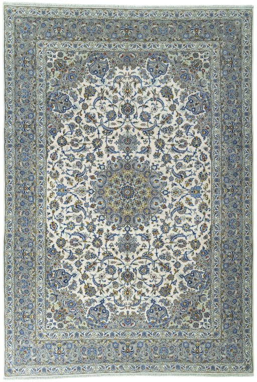 Full view of 2000s Kashan rug from Iran / Persia, 330 × 226 cm in Beige tones
