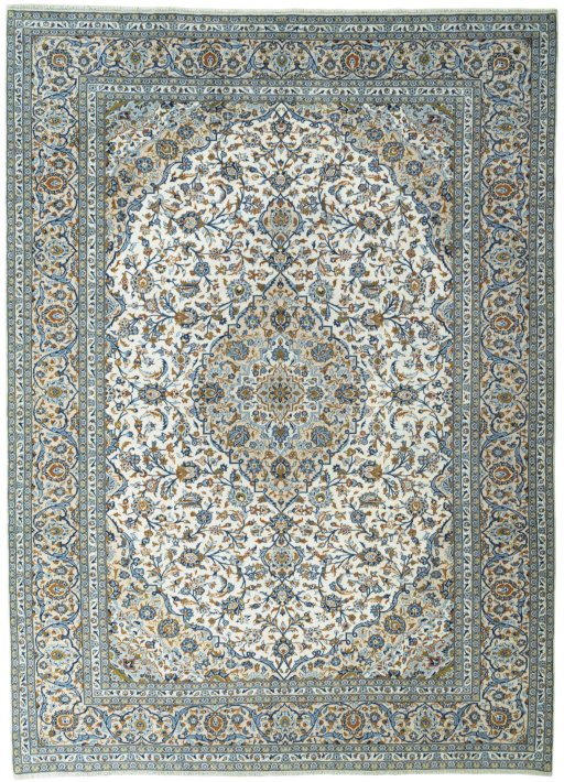 Full view of 2000s Kashan rug from Iran / Persia, 410 × 297 cm in Beige tones