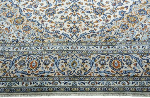 Full view of 2000s Kashan rug from Iran / Persia, 410 × 297 cm in Beige tones