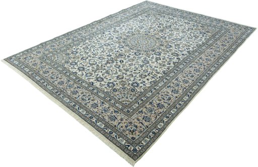 Corner detail of 2000s Kashan rug showing border pattern and Wool pile