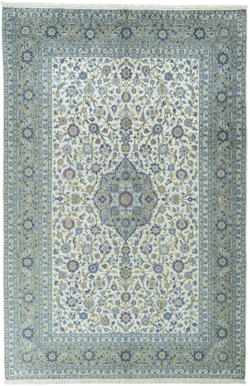 Full view of 2000s Kashan rug from Iran / Persia, 306 × 202 cm in Beige tones