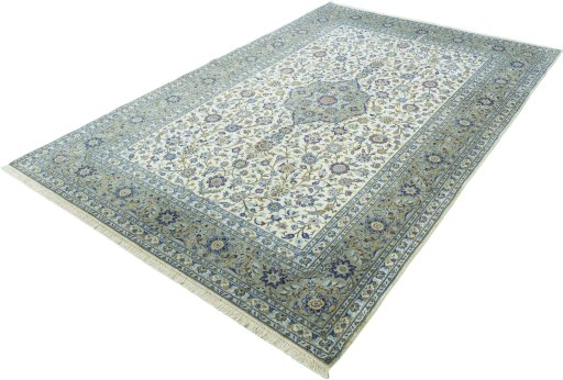 Corner detail of 2000s Kashan rug showing border pattern and Cork pile