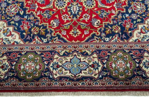 Full view of 2000s Kashan rug from Iran / Persia, 386 × 250 cm in Red tones