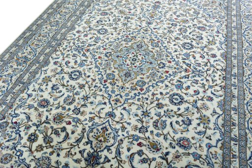 Backside of handmade New Kashan rug showing knot structure and weave density