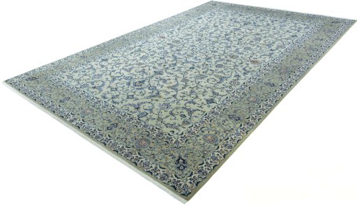 Corner detail of 2000s Kashan rug showing border pattern and Wool pile