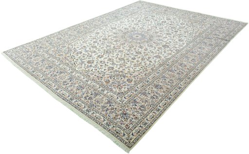 Corner detail of 2000s Kashan rug showing border pattern and Wool pile