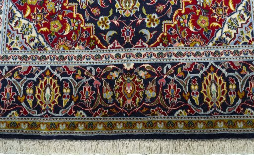 Full view of New Kashan rug from Iran / Persia, 223 × 137 cm in Blue tones