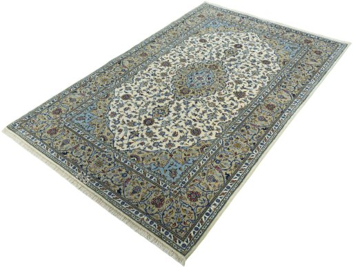 Corner detail of New Kashan rug showing border pattern and Cork pile