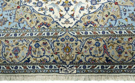 Full view of New Kashan rug from Iran / Persia, 227 × 145 cm in Beige tones