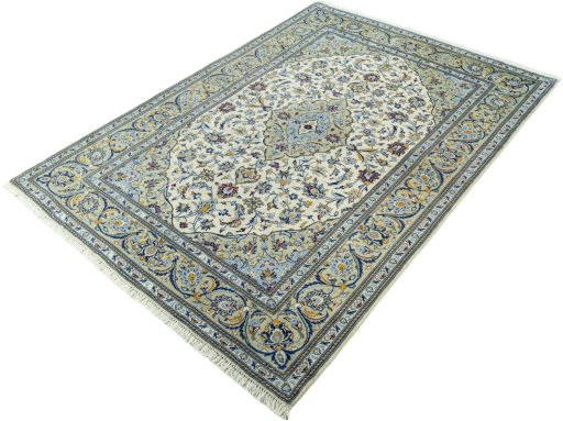 Corner detail of New Kashan rug showing border pattern and Cork pile