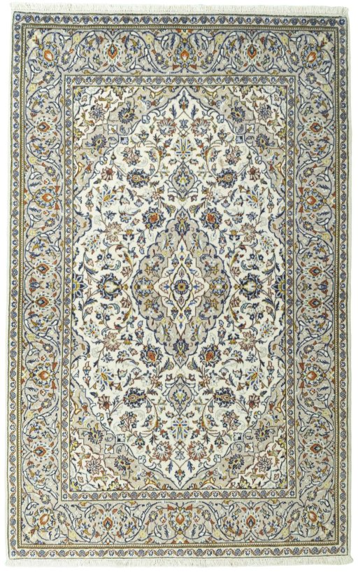 Full view of 1970s Kashan rug from Iran / Persia, 221 × 140 cm in Beige tones