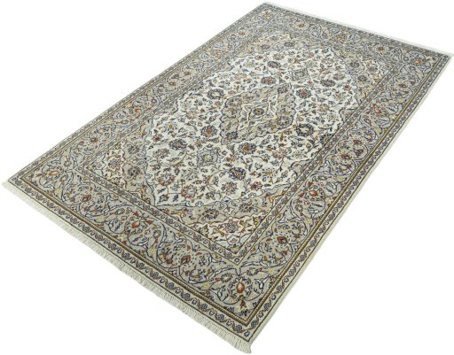 Corner detail of 1970s Kashan rug showing border pattern and Wool pile