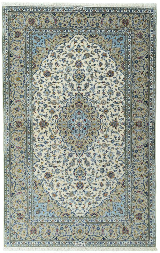 Full view of New Kashan rug from Iran / Persia, 226 × 143 cm in Beige tones