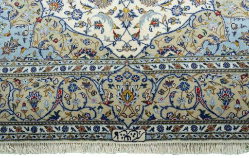 Full view of New Kashan rug from Iran / Persia, 226 × 143 cm in Beige tones